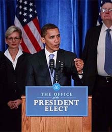 President-elect Barack Obama and his transition team meet in Washington, D.C. November 7, 2008. Photo AFP.